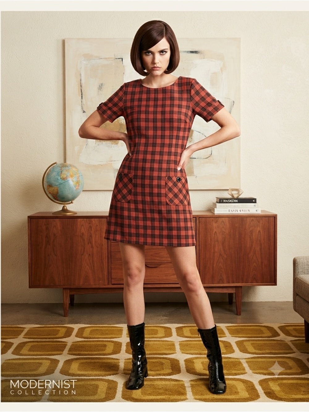 Ben Sherman Plaid Short-Sleeve Mini Dress in Rust and Black